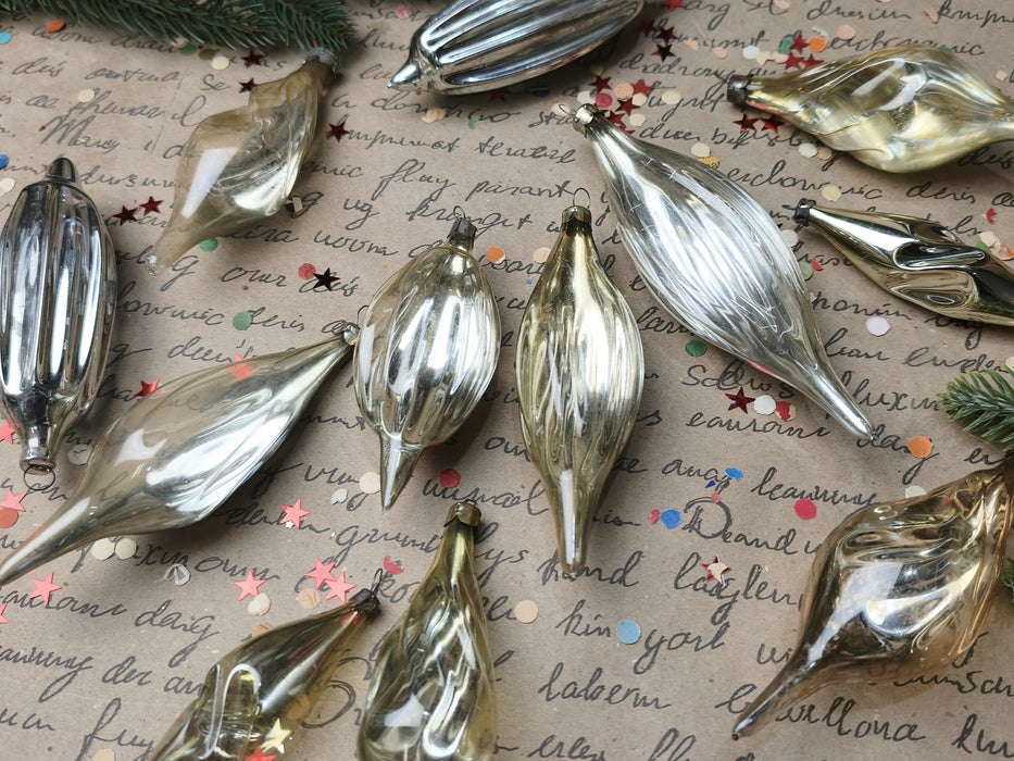 Vintage Silver Glass Christmas Ornaments, Ribbed Icicles and Lantern Bauble Sets