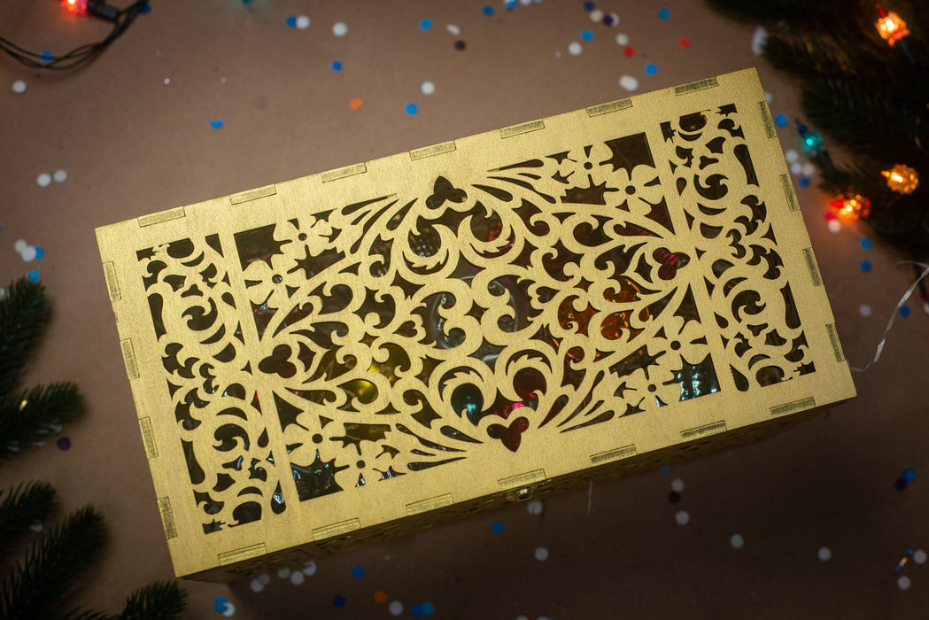 Laser Cut Wooden Keepsake Box, Gold Christmas Ornament Storage, Rustic Decor