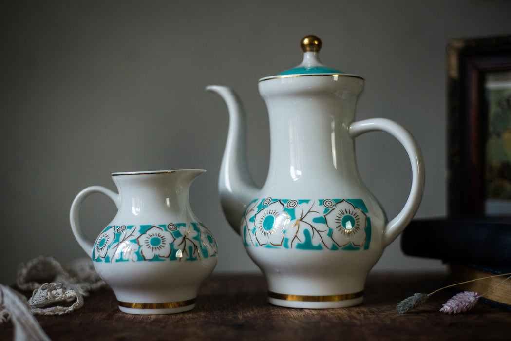 Vintage Porcelain Teapot and Creamer Set, Turquoise Floral USSR Tableware