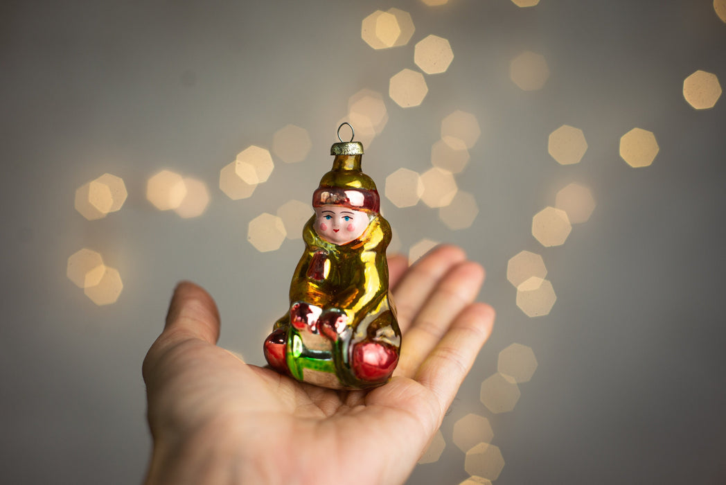 Vintage Sledding Boy Glass Ornament, Retro Christmas Tree