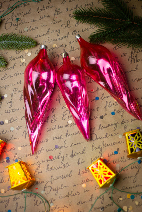 Pink Glass Icicle Christmas Ornaments, Vintage Set of 3