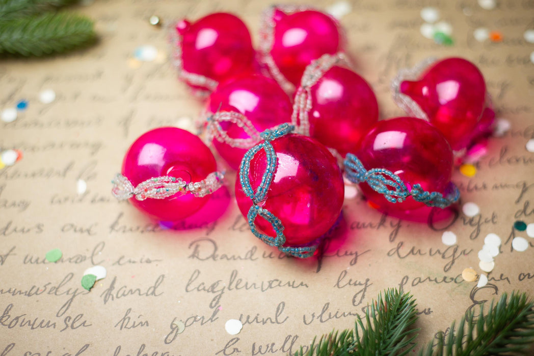 Vintage Pink Beaded Glass Ornaments – Set of 8