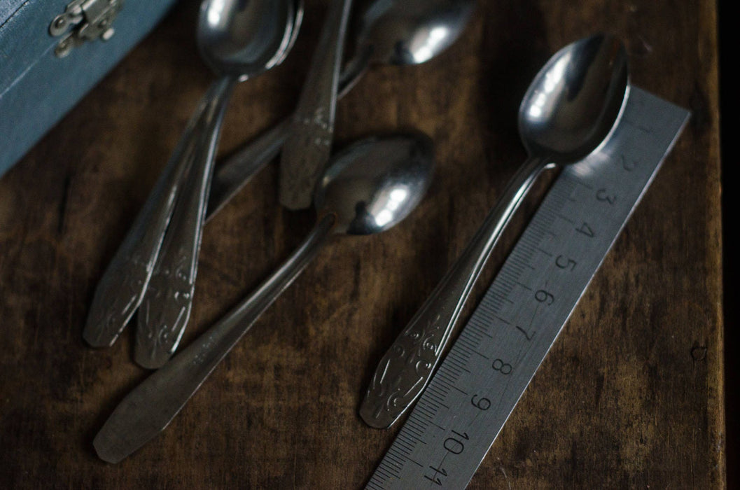 vintage tea spoon set, Silver Tone Dessert Spoons in Original Box