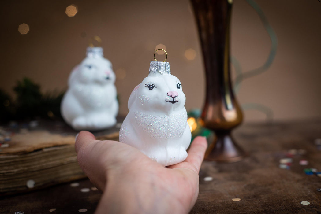 Glass rabbit ornament, Christmas ornament, white rabbit Xmas tree decoration, woodland rustic Christmas decor