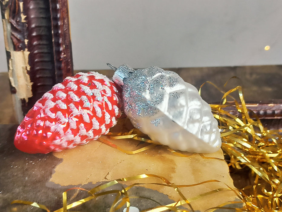 Glass Pine Cone Ornament with Snow, Hand-Painted Bohemian