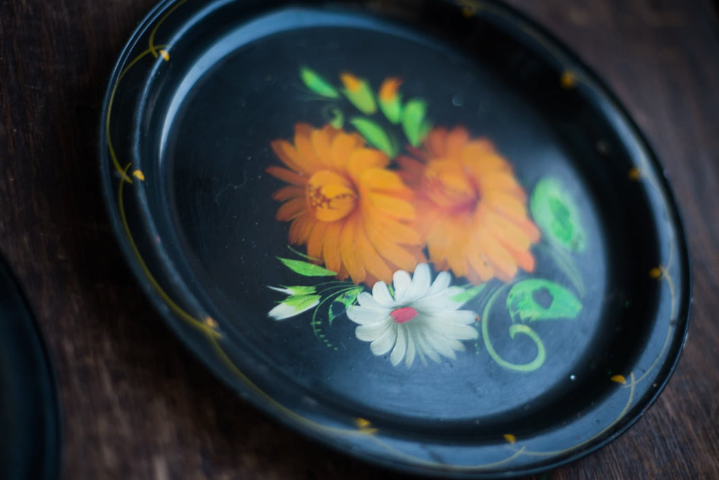 Vintage Metal Tray - Hand Painted Round Floral Dinner Plate with Petrikivka Flower Pattern