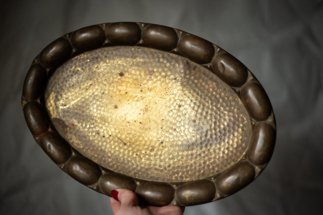 Vintage Brass Tray - 1950s German Oval Hammered Metal Serving Platter