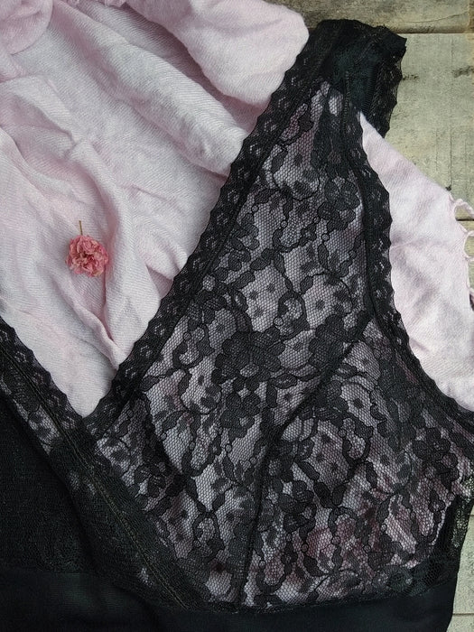 Vintage Lace Night Dress - Retro Nightie With Sheer Floral Lace Pattern & Vneck Slip Dress