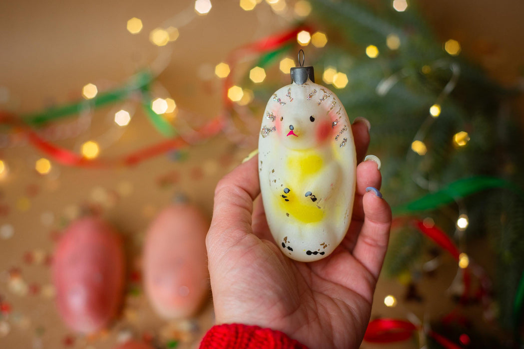 Vintage Glass Hedgehog Christmas Ornament, Hand Painted