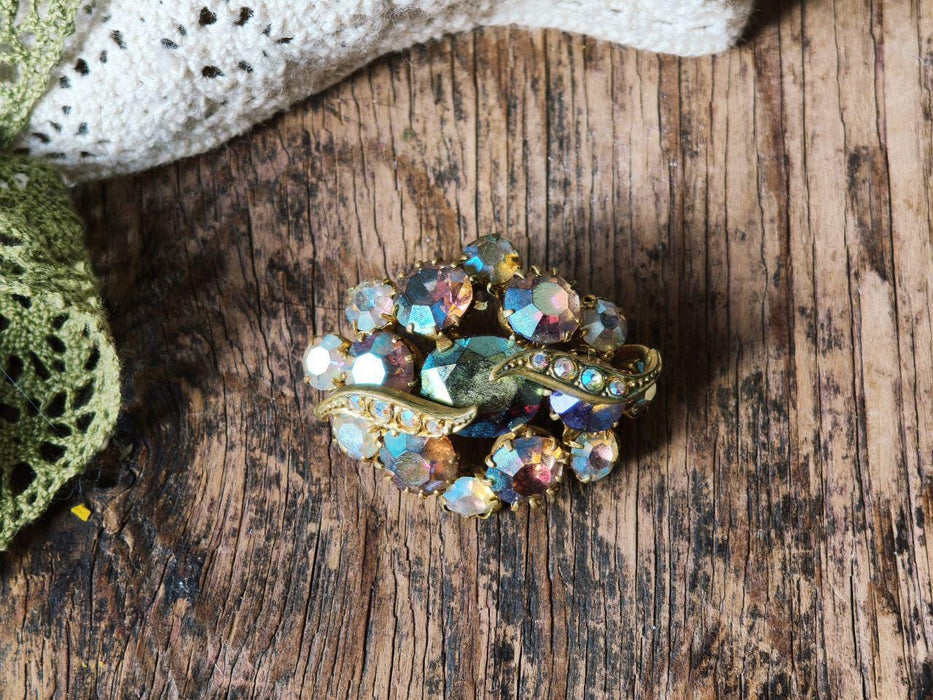 Vintage Rhinestone Brooch, Iridescent Crystal Pin Art Deco Style Statement
