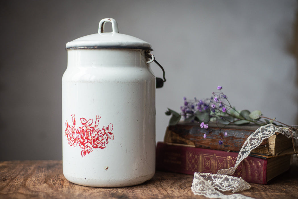 Vintage Enamel Milk Canister | 23.5 cm (9.25 in) Tall, White Red Floral +Lid
