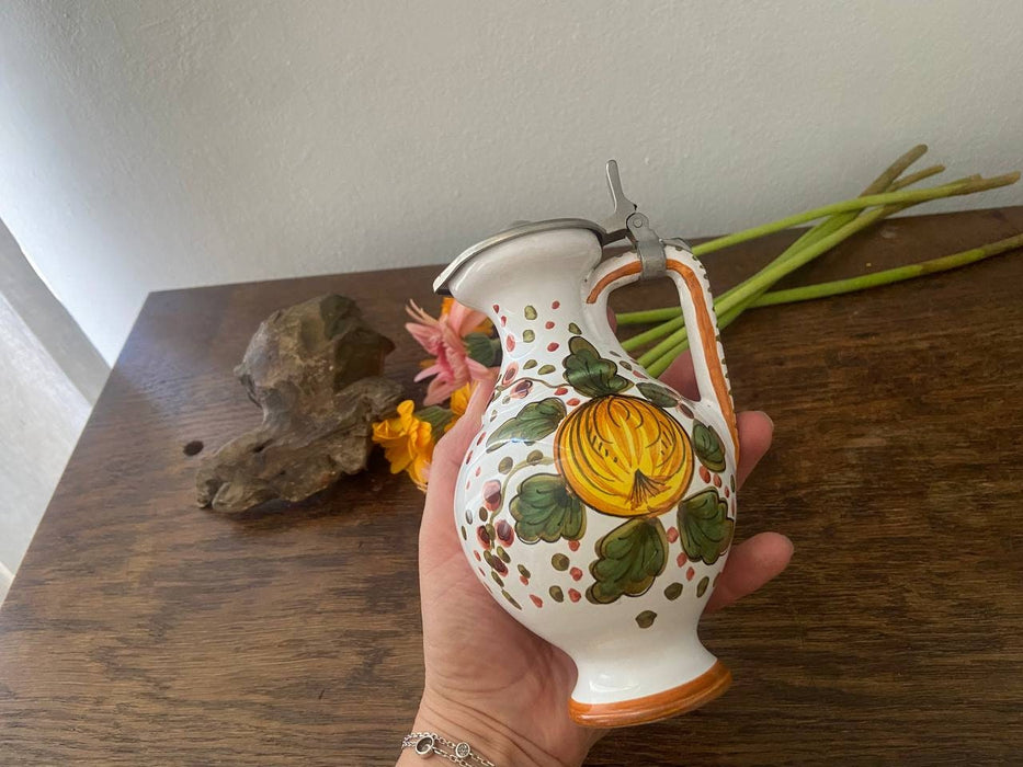 Vintage German Ceramic Pitcher, 1970s Hand Painted Floral With Lid