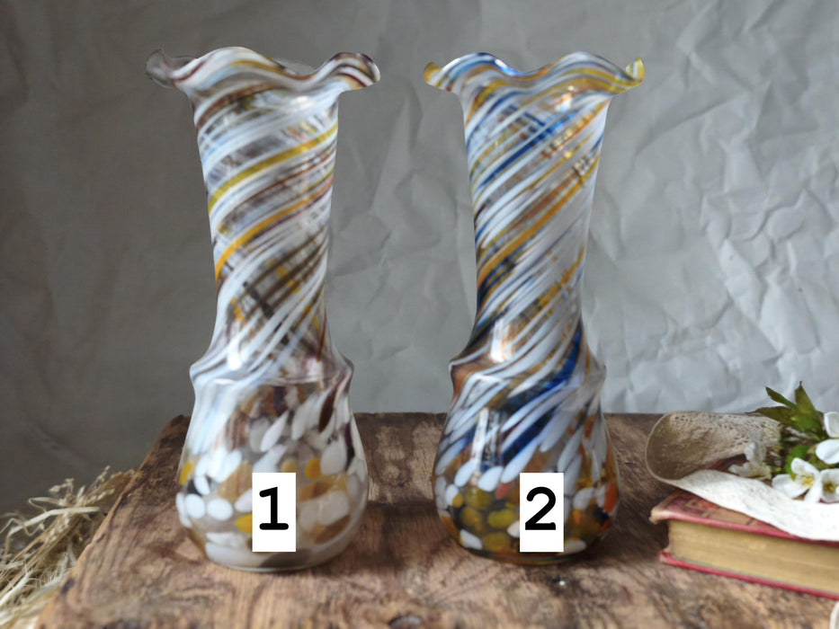 Vintage Murano Style Glass Vase, Beige Blue Art Glass, 1970s Bud Vase