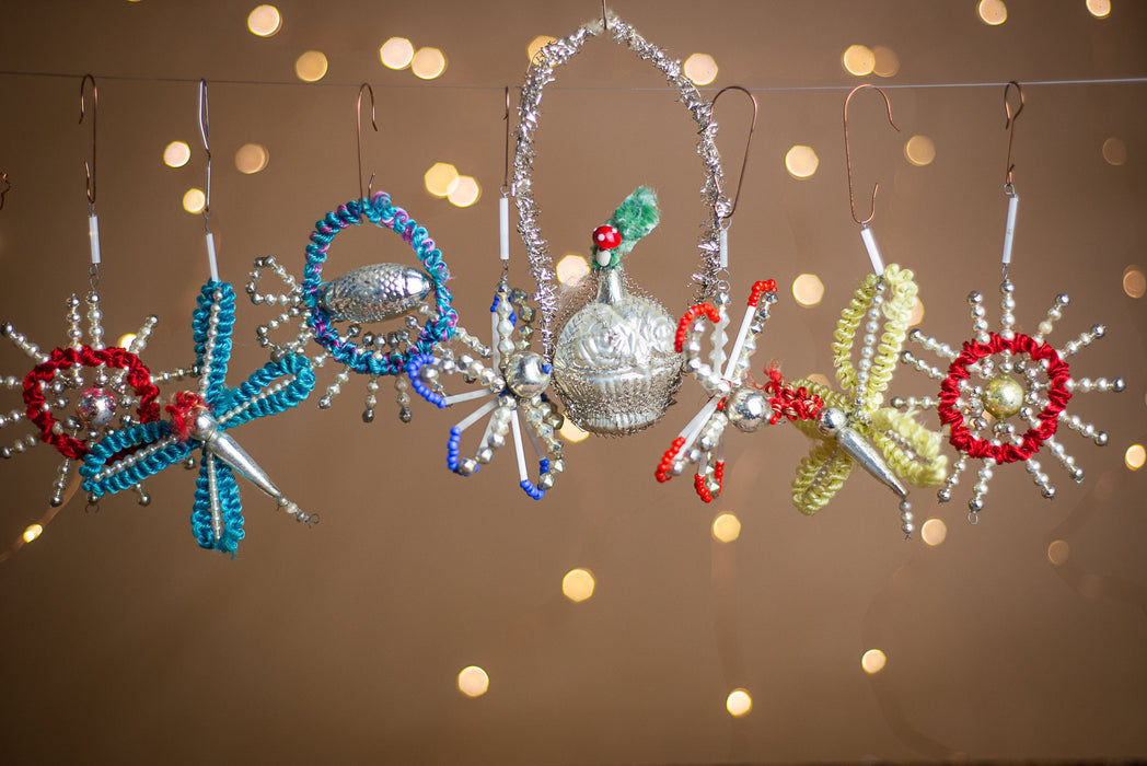 Antique German Chenille Christmas Ornaments, 1930s Mercury Glass Set of 7