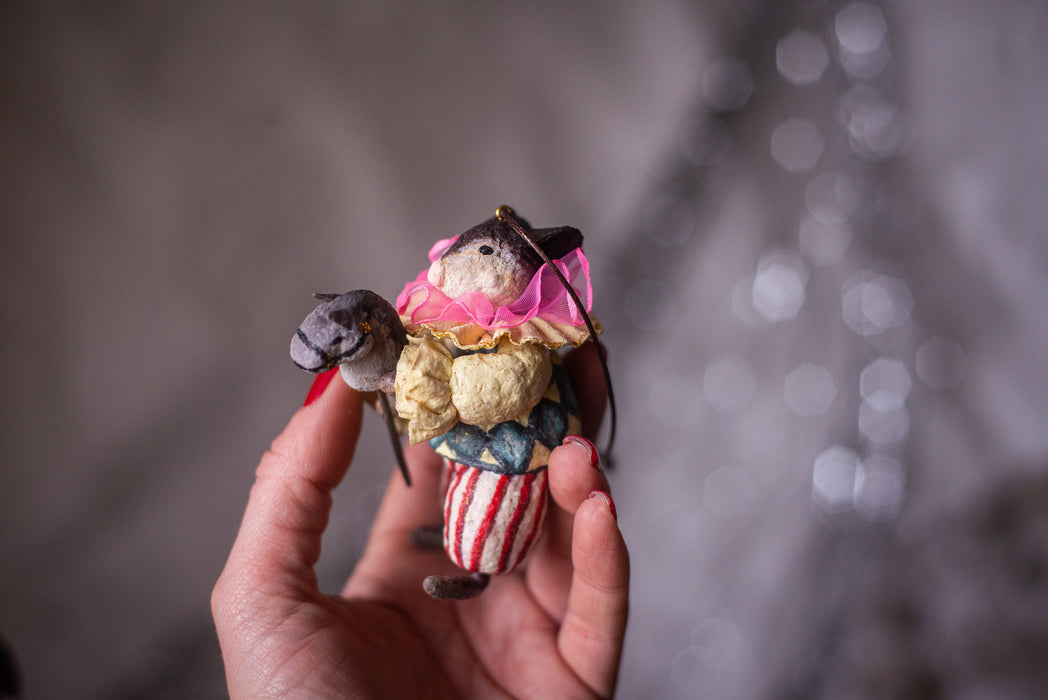 Spun cotton Christmas ornament,  Clown mouse figurine, vintage inspired