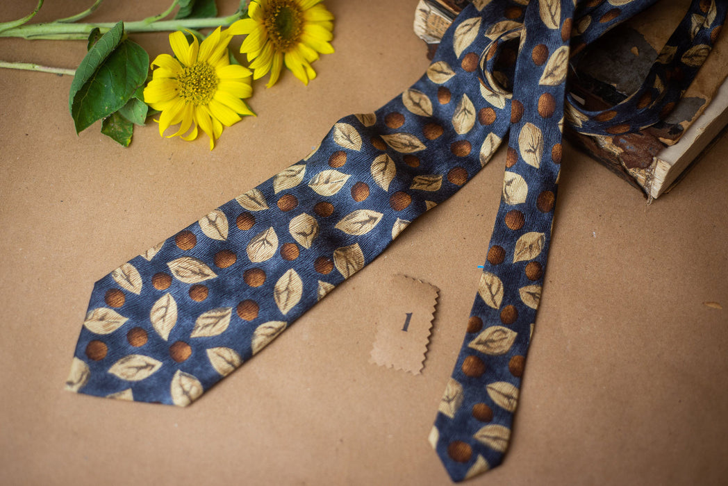 Men's Silk Tie - Vintage Striped Leaf Print Necktie | Luxury Groom Tie