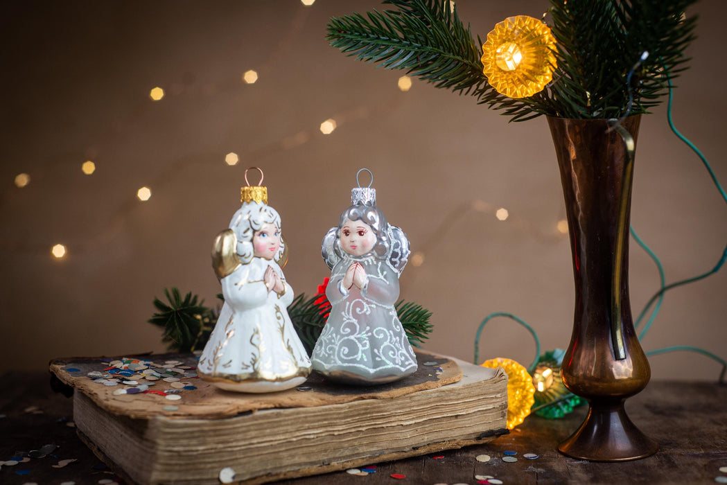 Vintage Glass Angel Ornament, White Christmas Tree
