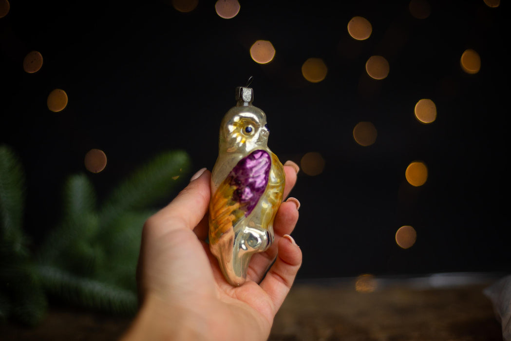 Vintage Glass Owl Christmas Ornament, Silver Bird Tree