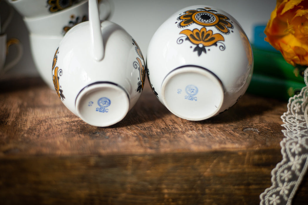 Vintage Ceramic Tea Set with Gold Trim, Boho Floral Cups Sugar Bowl and Jug