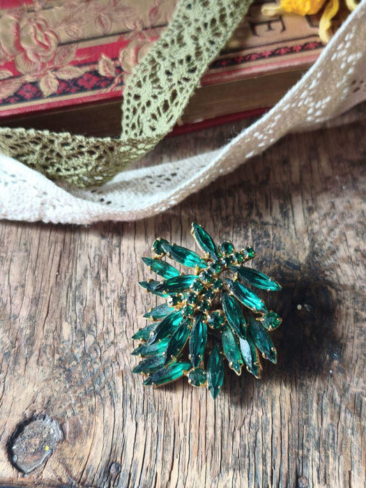 Vintage Green Rhinestone Brooch 1970s, Emerald Crystal Statement Pin