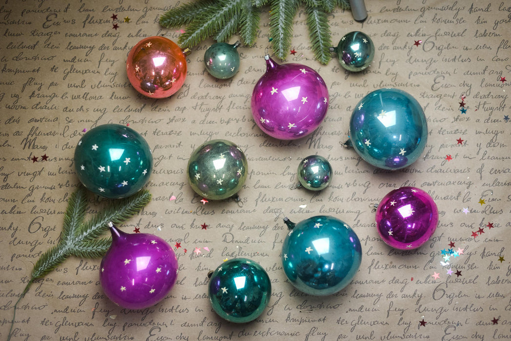 Vintage Glass Christmas Ornaments Set, Glow in Dark Stars, 1970s Teal Pink Balls