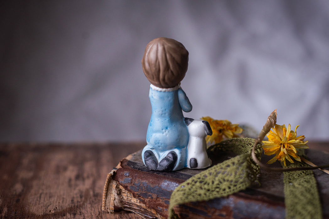 Praying girl with puppy figurine, Catolic gift, Germany porcelain, religious home decor