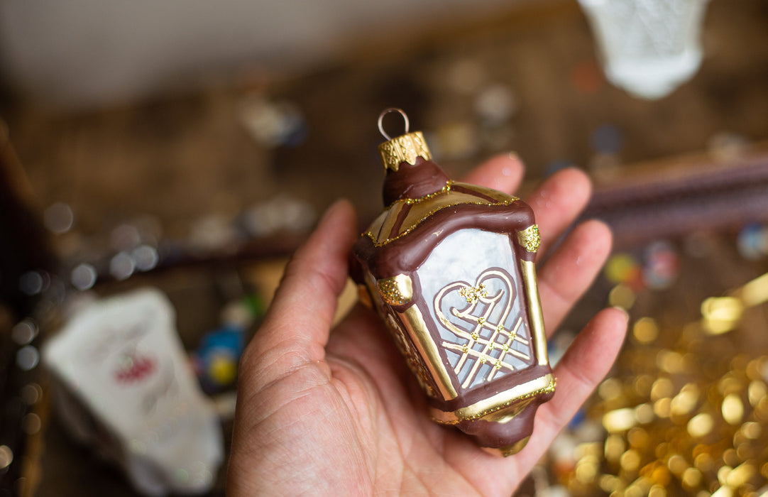 Vintage Glass Lantern Ornament, Hand Painted Christmas