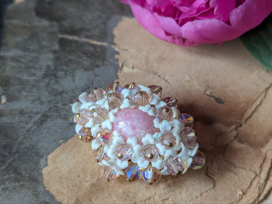 Pink flower brooch, vintage crystal lapel pin, 1970s white floral jewelry, retro old beaded brooch, Victorian shawl pin