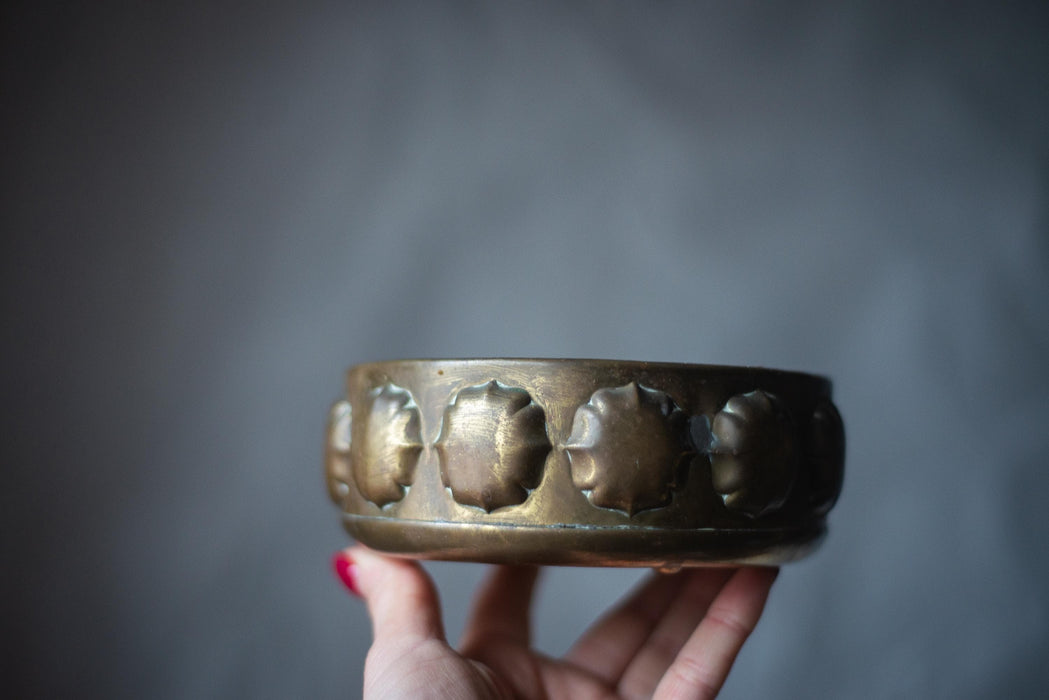Vintage Brass Planter Bowl | German Brass Dish With Embossed Floral Pattern