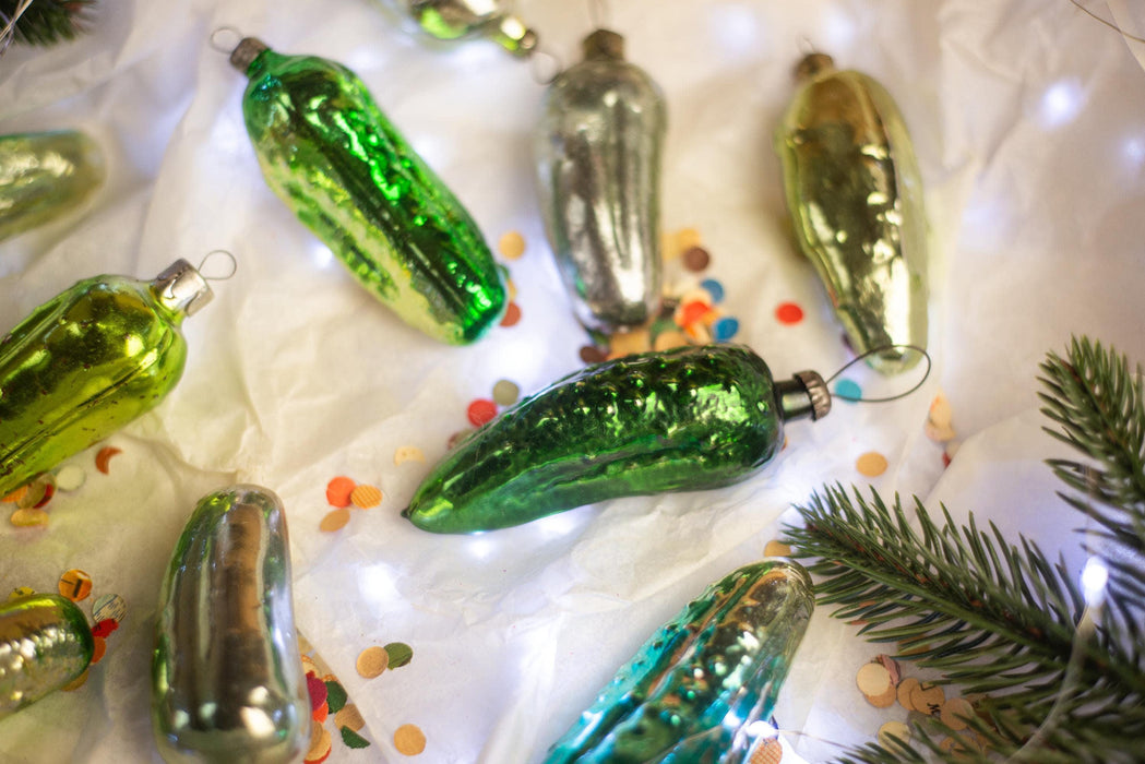 Vintage Glass Christmas Pickle Ornament, Green Cucumber