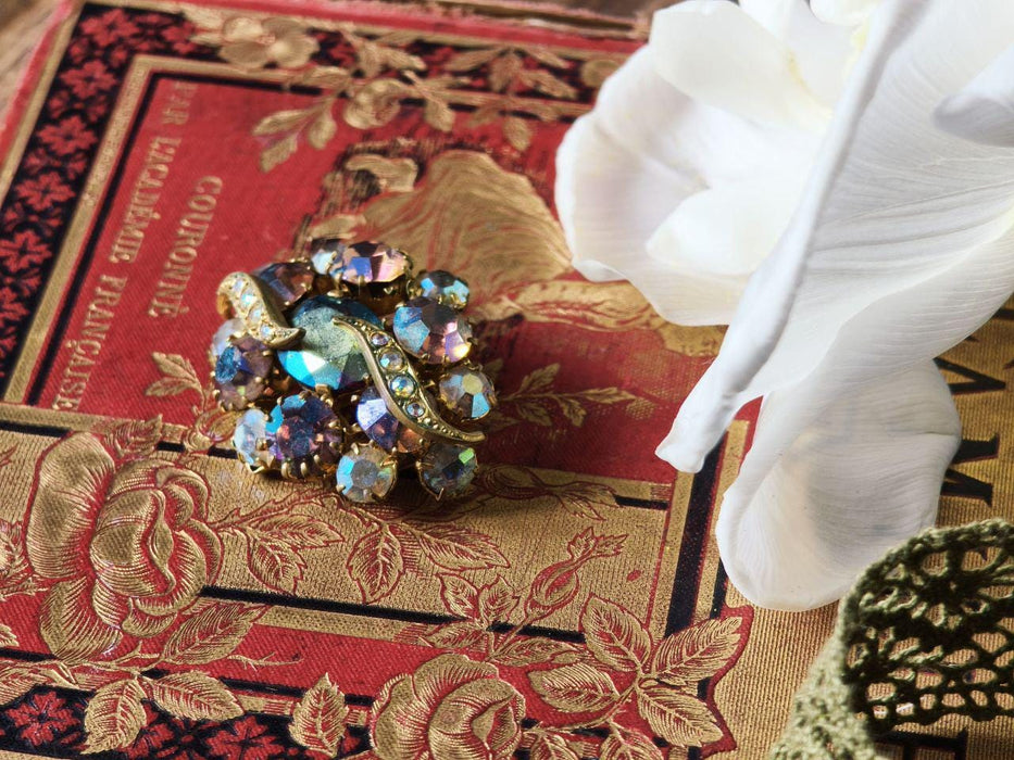 Vintage Rhinestone Brooch, Iridescent Crystal Pin Art Deco Style Statement