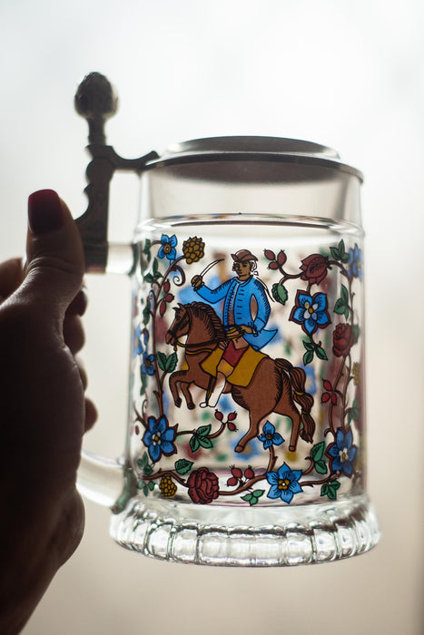 Vintage German Glass Beer Stein with Pewter Lid Medieval & Floral Tankard