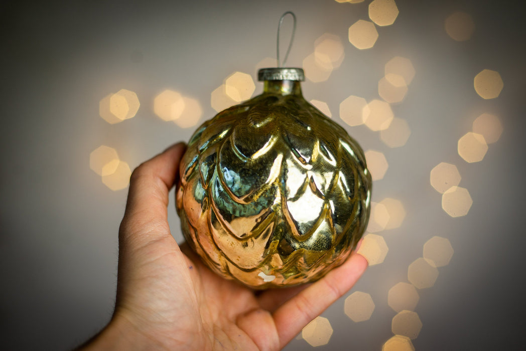 Vintage Artichoke Glass Ornament, Large Gold 1970s USSR