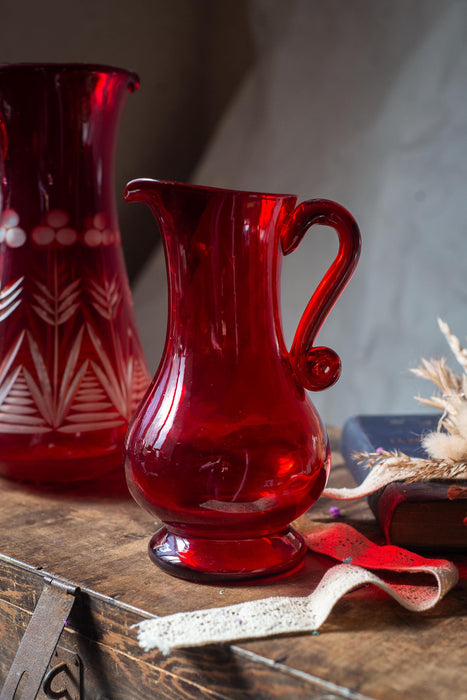Vintage Ruby Red Glass Pitcher, Czech Crystal Hand Cut Mid Century Water Jug