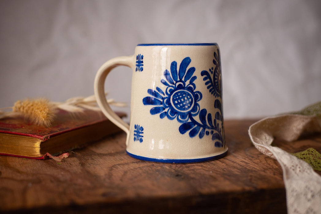 Vintage Bavarian Beer Mug Hand Painted Ceramic Stein Blue Floral Germany