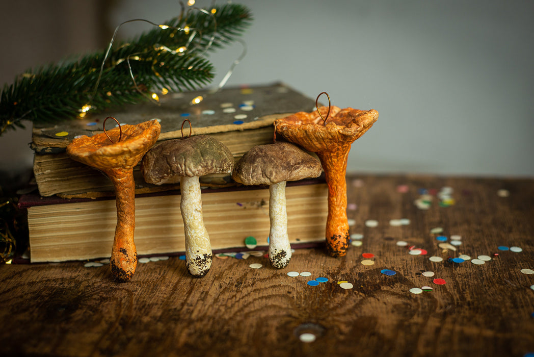 Mushroom spun cotton ornaments, Chanterelle mushroom, Xmas tree accents