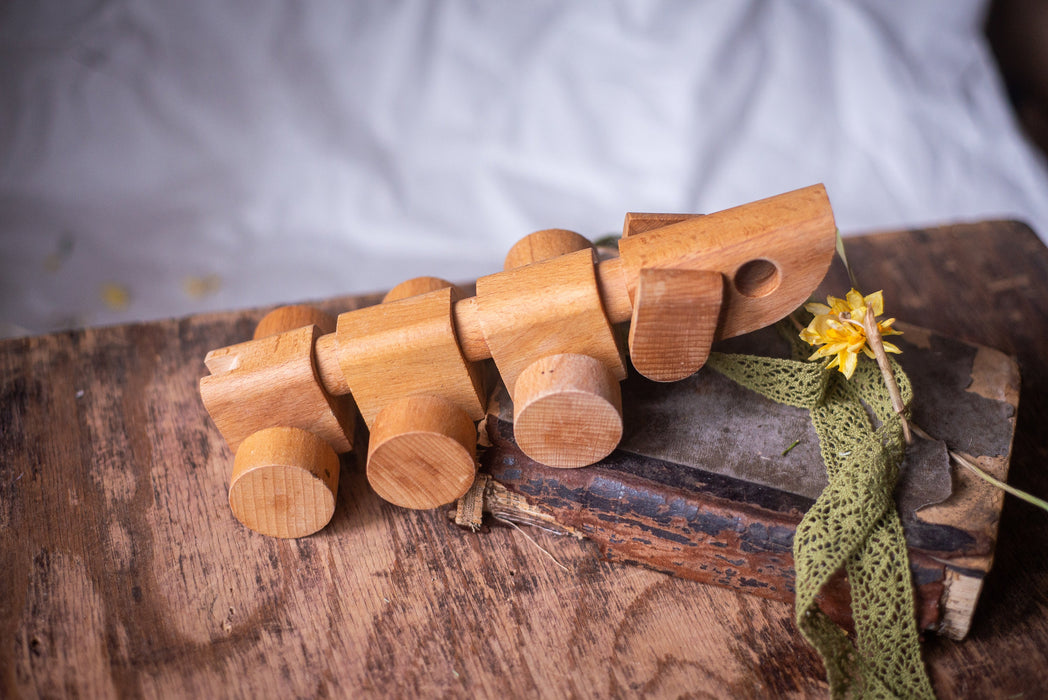 Vintage Wooden Dog Toy, Natural Wood Pull-Along Puppy on Wheels