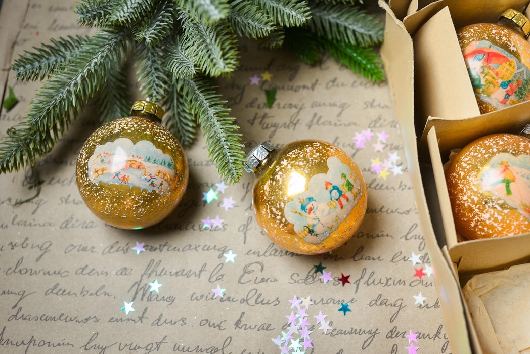 Vintage Glass Ornaments – Set of 12 Gold Christmas Baubles with Snowy Winter Scenes