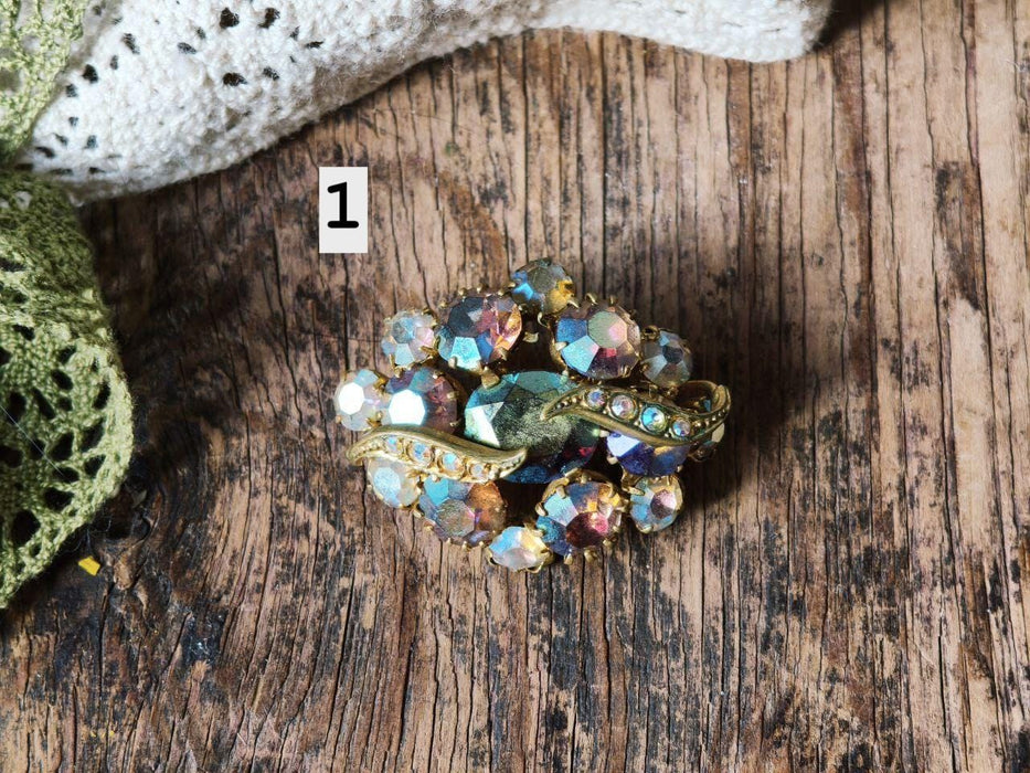 Vintage Rhinestone Brooch, Iridescent Crystal Pin Art Deco Style Statement