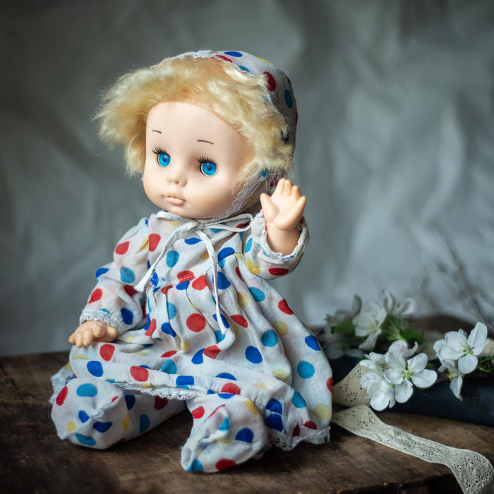 vintage 1970s german doll, Blue-Eyed Polka Dot Outfit Doll