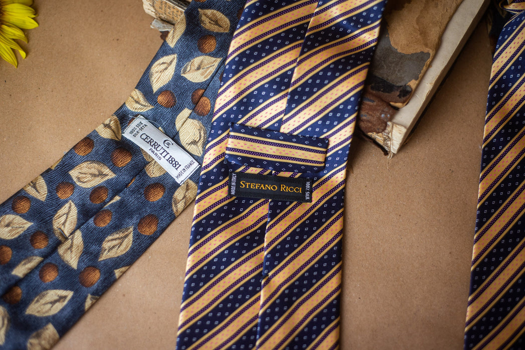 Men's Silk Tie - Vintage Striped Leaf Print Necktie | Luxury Groom Tie