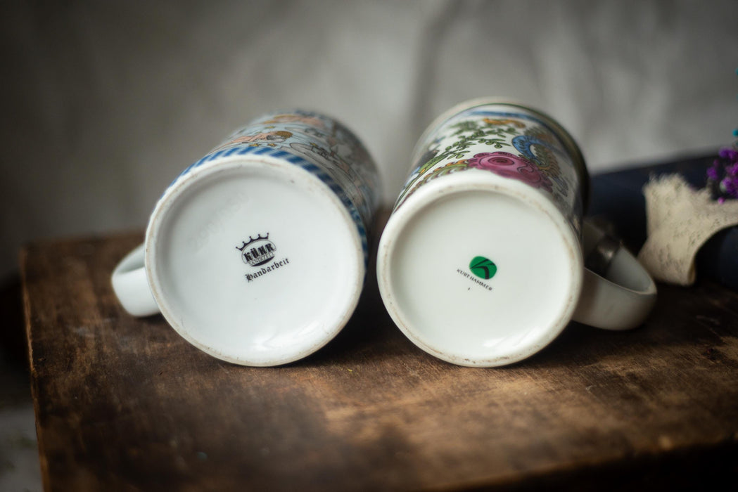 Vintage German Ceramic Beer Steins with Pewter Lids Folk Art Barware