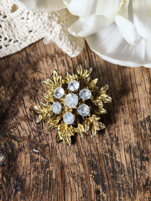 Vintage Rhinestone Brooch, Gold Tone Statement Pin Mid Century Elegant Jewelry