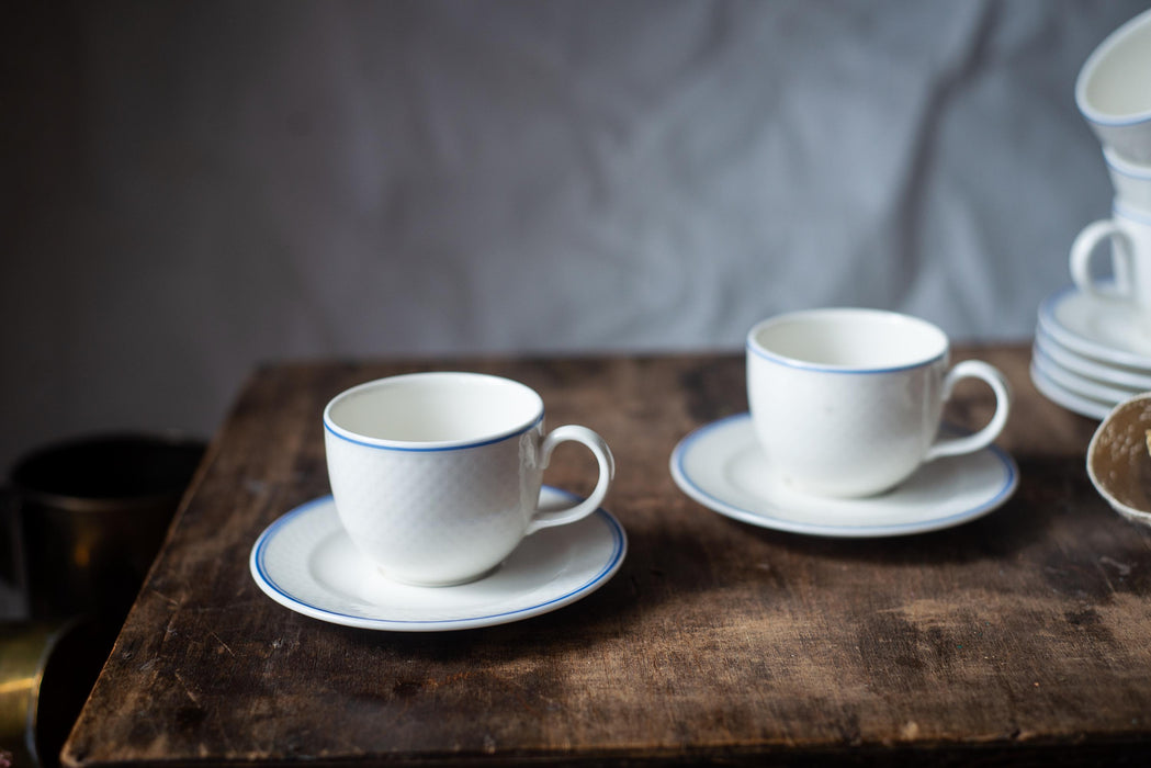 Vintage Villeroy & Boch Porcelain Coffee Set: White Blue Trim, German Tea Set