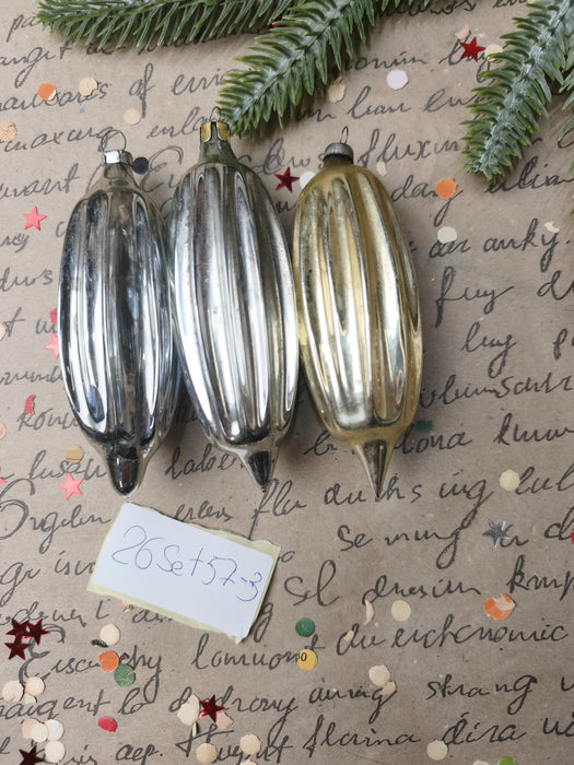 Vintage Silver Glass Christmas Ornaments, Ribbed Icicles and Lantern Bauble Sets