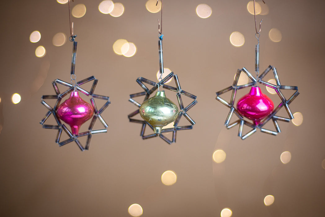 Vintage Mercury Glass Ornaments, Beaded Space Star, 1950s