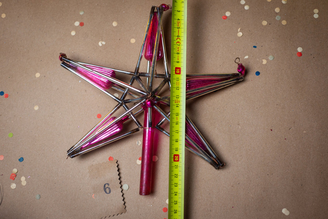 Vintage Christmas tree topper, Silver pink glass bugle star, Beaded Xmas tree ornaments