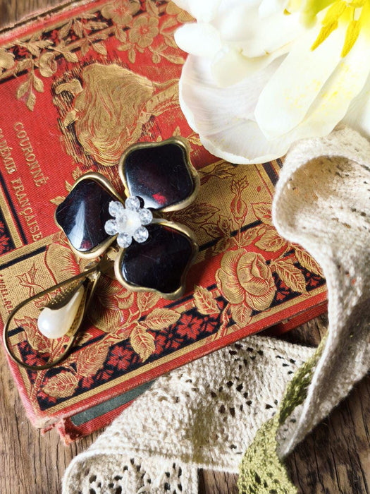 Vintage Flower Brooch Wine Red Glass Art Deco Faux Pearl Pendant Pin