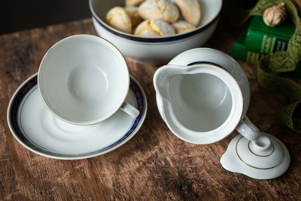 Vintage Porcelain Tea Set with Cobalt Band, 1960s Soviet China Tea for One
