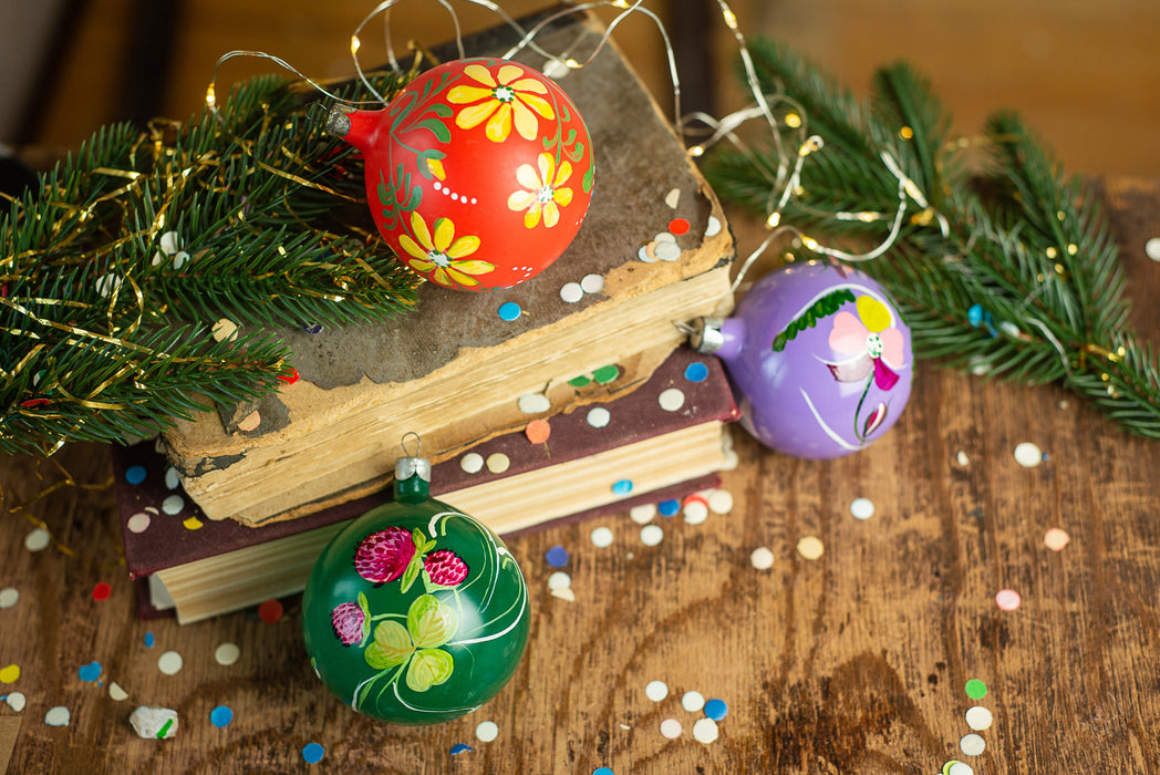 Vintage Glass Christmas Baubles, Hand Painted European